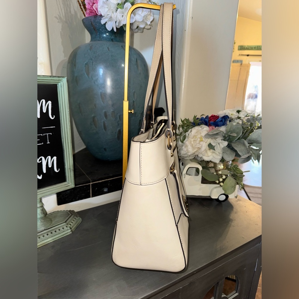 Dooney and Bourke Leather Bone Tote Bag, Gold hardware & blue  accent scarf - Picture 8 of 16